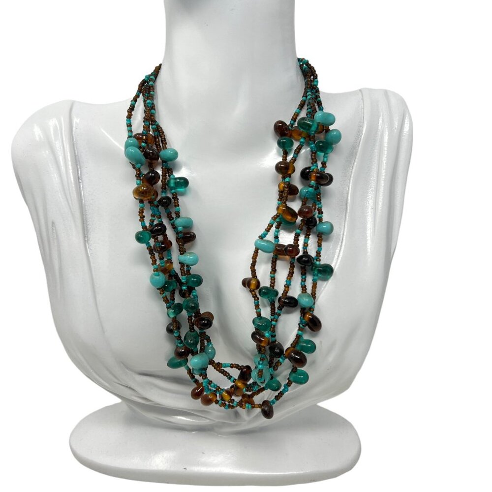 Beaded Necklace Brown‎ Faux Turquoise Offset Beads Gold Tone Southwestern Style